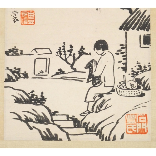 590 - Chinese ink onto paper, attributed to Zikai Feng, figure washing, 21.5cm x 16cm  excluding the mount