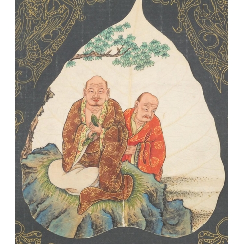 589 - Chinese ink and watercolour onto leaf, two figures, overall 47cm x 38cm