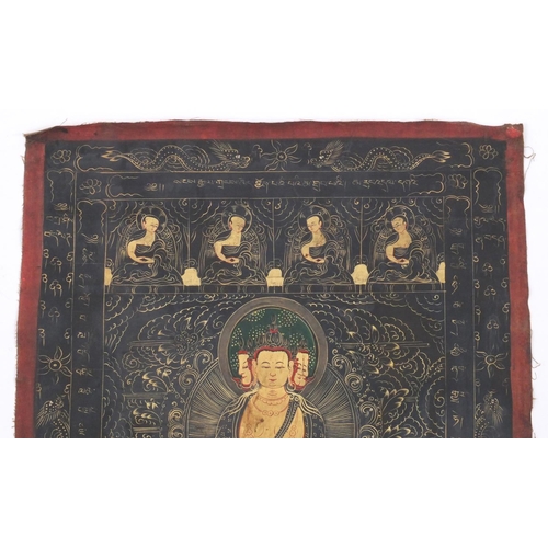 591 - Tibetan watercolour on silk Thang-Ga, Buddhas, 57cm x 41cm