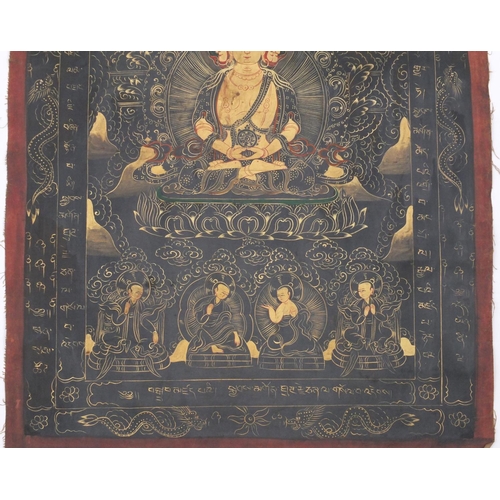 591 - Tibetan watercolour on silk Thang-Ga, Buddhas, 57cm x 41cm