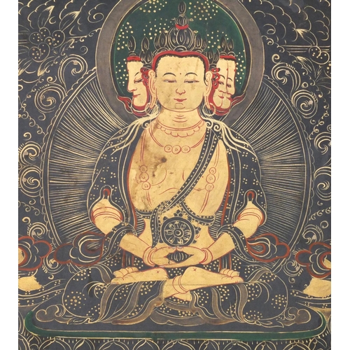 591 - Tibetan watercolour on silk Thang-Ga, Buddhas, 57cm x 41cm