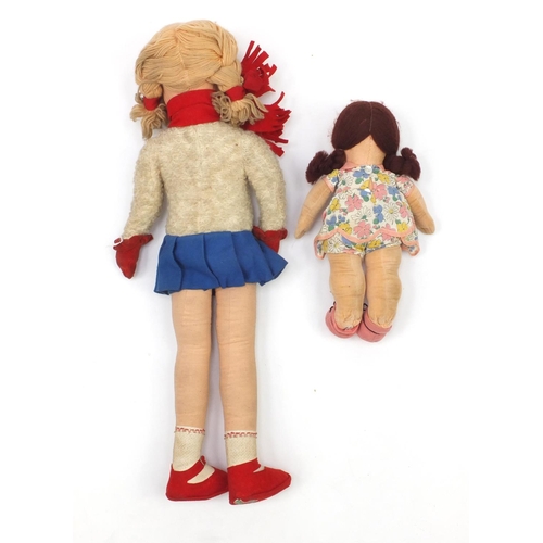 369 - Two 1930's felt dolls comprising Deans rag book and Norah Wellings examples, the largest 61cm high