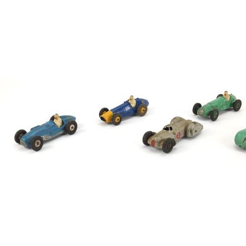 399 - Seven die cast Dinky toys racing vehicles including Ferrari 234, H.W.M 235, Auto Union and Connaught... 