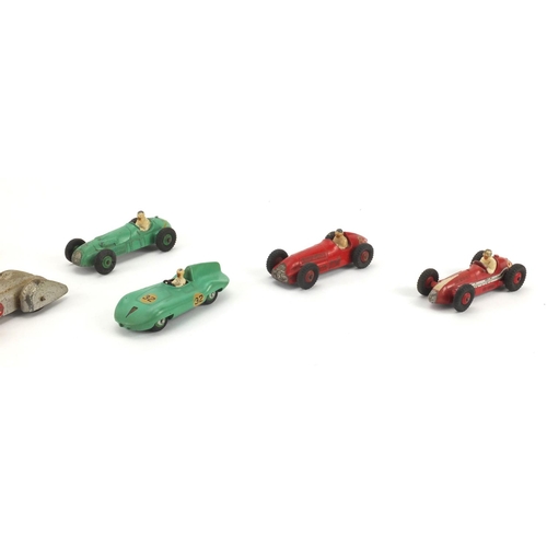 399 - Seven die cast Dinky toys racing vehicles including Ferrari 234, H.W.M 235, Auto Union and Connaught... 