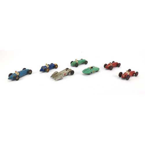 399 - Seven die cast Dinky toys racing vehicles including Ferrari 234, H.W.M 235, Auto Union and Connaught... 