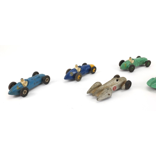 399 - Seven die cast Dinky toys racing vehicles including Ferrari 234, H.W.M 235, Auto Union and Connaught... 