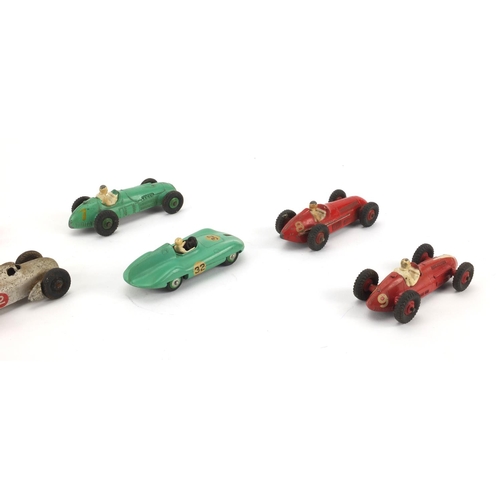 399 - Seven die cast Dinky toys racing vehicles including Ferrari 234, H.W.M 235, Auto Union and Connaught... 