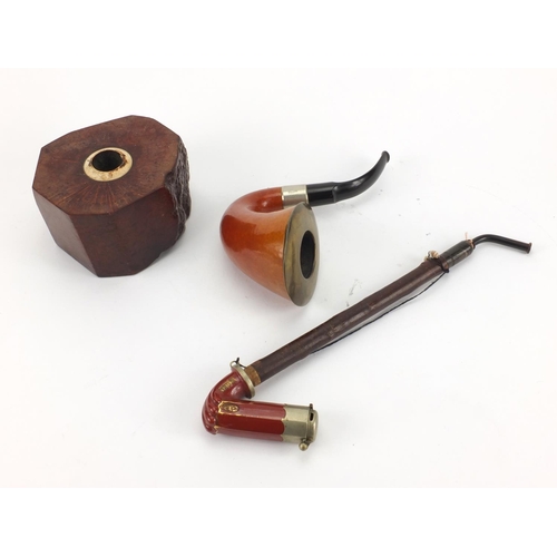 87 - Three smoking pipes including a Calabagh example and a burr table example, inpressed BBB