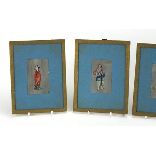 598 - Five Chinese pith watercolour paintings, each with figures, all mounted, each 8cm x 5.3cm excluding ... 