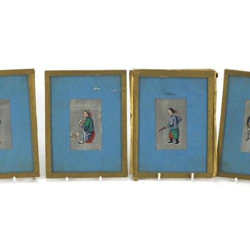 598 - Five Chinese pith watercolour paintings, each with figures, all mounted, each 8cm x 5.3cm excluding ... 