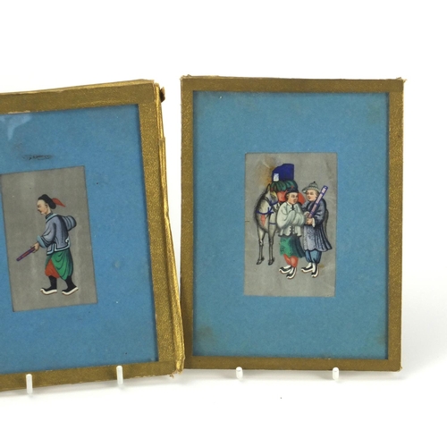 598 - Five Chinese pith watercolour paintings, each with figures, all mounted, each 8cm x 5.3cm excluding ... 