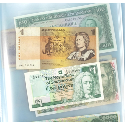 221 - British, Chinese and World banknotes housed in an album including one pound notes, one pound ten shi... 