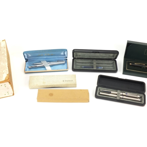 100 - Fountain pens, ball point pens and propelling pencils including a silver coloured metal dip pen, wit... 