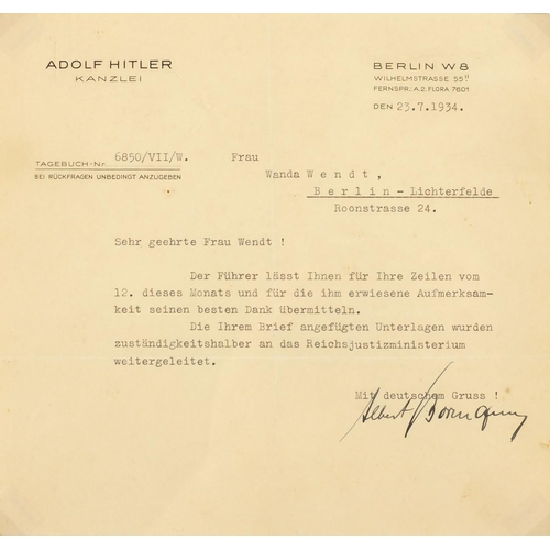 332 - German Military interest letter signed by Albert Bormann on Adolf Hitler Kanzlei headed paper, with ... 