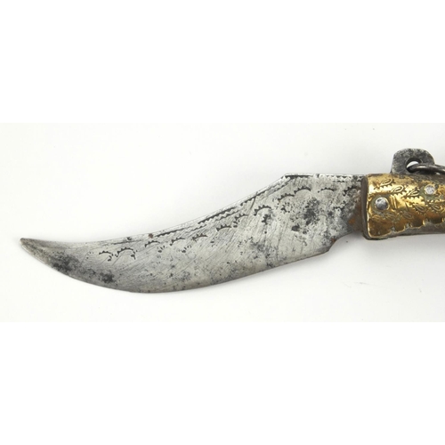 69 - Antique folding knife with engraved steel blade, 14cm wide when closed