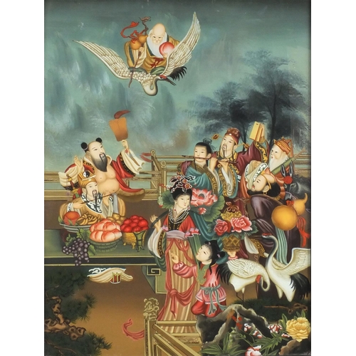 593 - Chinese reverse glass painting, mythical figures and creatures, framed, 53.5cm x 38.5cm excluding th... 