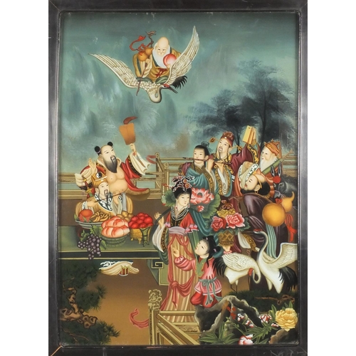 593 - Chinese reverse glass painting, mythical figures and creatures, framed, 53.5cm x 38.5cm excluding th... 