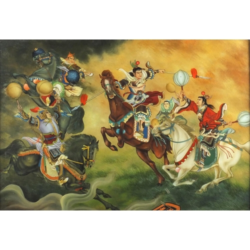 592 - Chinese reverse glass painting, warriors on horse back, framed, 64cm x 44cm excluding the frame