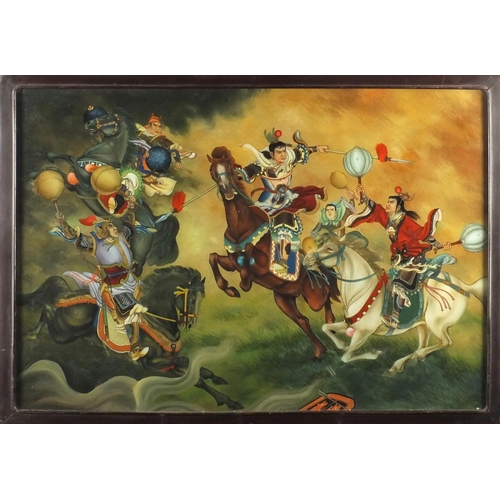 592 - Chinese reverse glass painting, warriors on horse back, framed, 64cm x 44cm excluding the frame