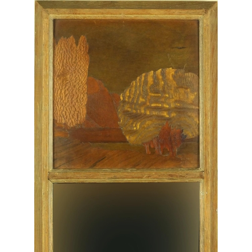 778 - Rowley Gallery mirror with marquetry landscape panel, label verso, overall 50cm x 18.5cm