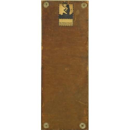 778 - Rowley Gallery mirror with marquetry landscape panel, label verso, overall 50cm x 18.5cm