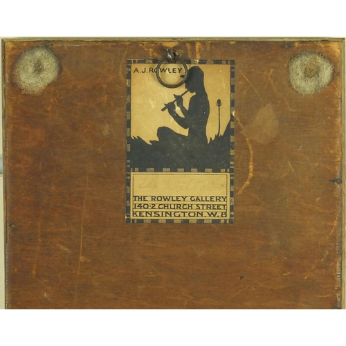 778 - Rowley Gallery mirror with marquetry landscape panel, label verso, overall 50cm x 18.5cm