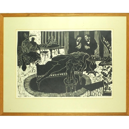 1261 - Amy Newman - Limited edition pencil signed wood block print, nude figures, mounted and framed, 62cm ... 