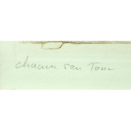 1268 - Borris O'Klein - Pencil signed comical coloured etching Chaum Son Tour, gilt framed, 48cm x 21cm  ex... 