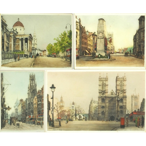 1279 - Four pencil signed coloured etchings, each after watercolours by Edward King, comprising Westminster... 