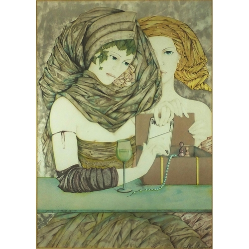 1247 - Sophie Busson - Watercolour, two females in an interior, mounted and framed, 63cm x 44cm excluding t... 