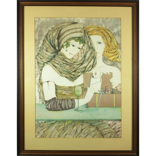 1247 - Sophie Busson - Watercolour, two females in an interior, mounted and framed, 63cm x 44cm excluding t... 