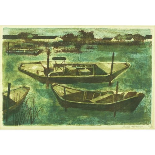 1262 - Andre Minaux - Pencil signed limited edition coloured etching, moored boats, numbered 23/30, Samuel ... 