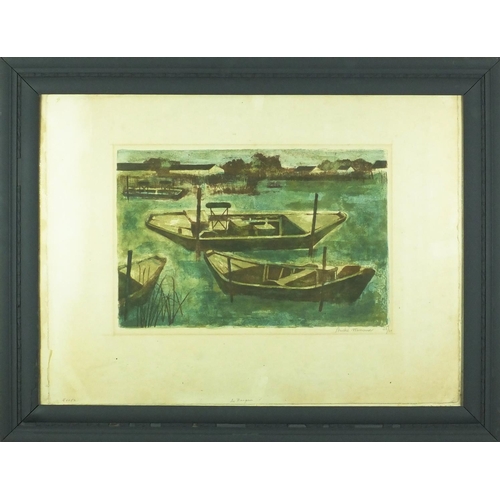 1262 - Andre Minaux - Pencil signed limited edition coloured etching, moored boats, numbered 23/30, Samuel ... 