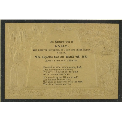 166 - 19th century embossed remembrance plaque relating to Anne the beloved daughter of John and Mary Elle... 