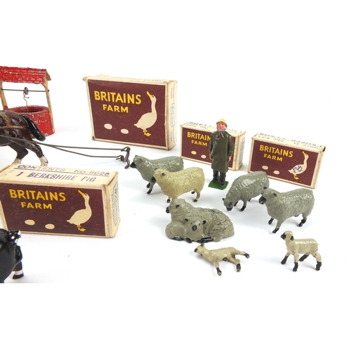 388 - Predominantly hand painted lead farmyard accessories and animals including Britain's Shepherd, ram, ... 