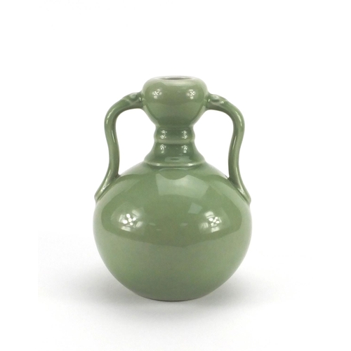 514 - Chinese porcelain celadon glazed vase with twin handles, six figure character mark to the base, 22.5... 