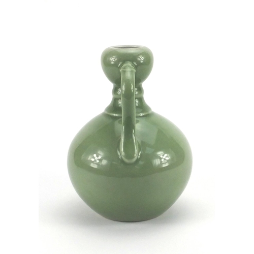 514 - Chinese porcelain celadon glazed vase with twin handles, six figure character mark to the base, 22.5... 