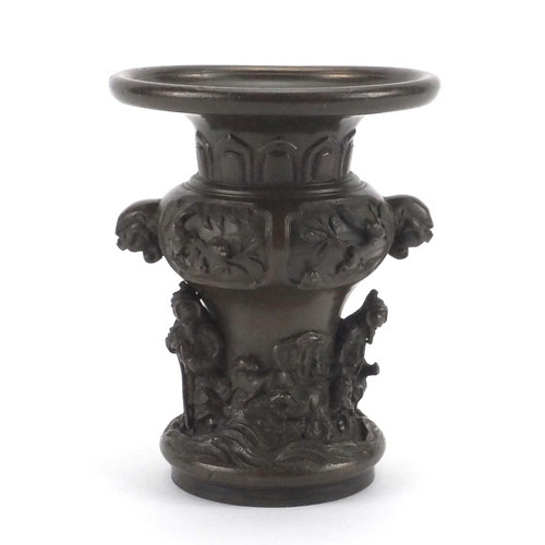 574 - Chinese bronze vase cast with mythical figures and creatures, 12cm high