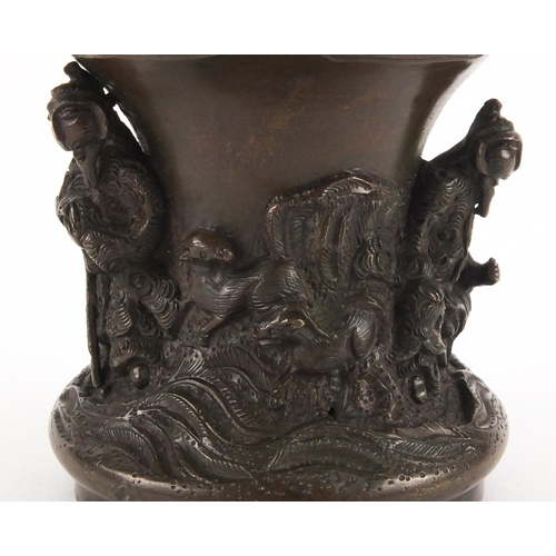 574 - Chinese bronze vase cast with mythical figures and creatures, 12cm high