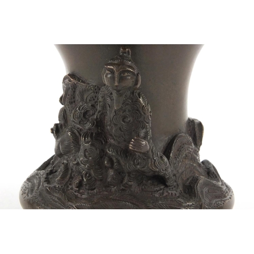 574 - Chinese bronze vase cast with mythical figures and creatures, 12cm high