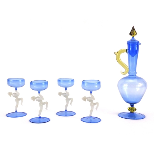 707 - Bimini Werkstatte decanter and four drinking glasses with four figural stemmed drinking glasses, the... 