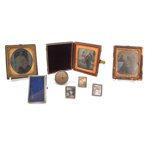 76 - Miscellaneous objects comprising five silver easel photo frames, silver and guilloche enamelled mirr... 