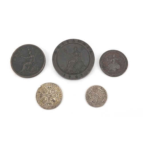 201 - George III and later British coinage including 1787 silver shilling, 1787 silver six pence, 1797 car... 