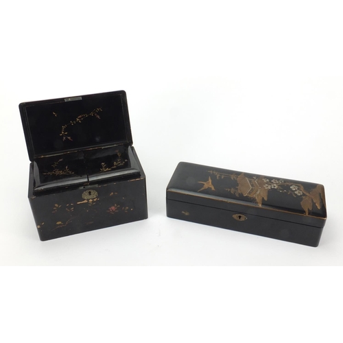 2225 - Oriental lacquered glove box together with an Oriental lacquered tea caddy with two lift out compart... 