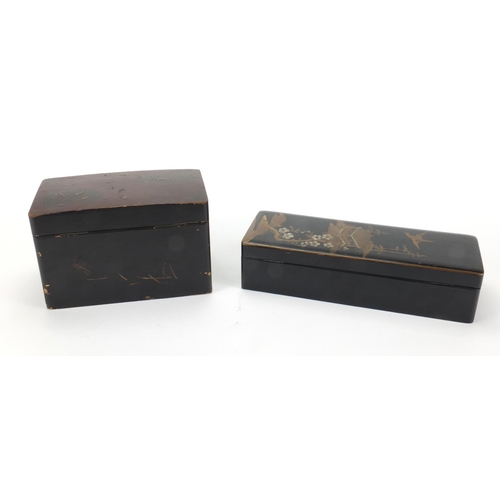 2225 - Oriental lacquered glove box together with an Oriental lacquered tea caddy with two lift out compart... 