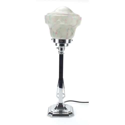 2215 - Art Deco style lamp with marbleised glass shade and stylised square column, 49cm high