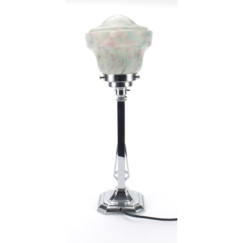 2215 - Art Deco style lamp with marbleised glass shade and stylised square column, 49cm high