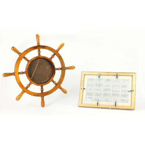 2263 - Ships wheel hand painted with The Titanic together with a framed display of Titanic related cigarett... 