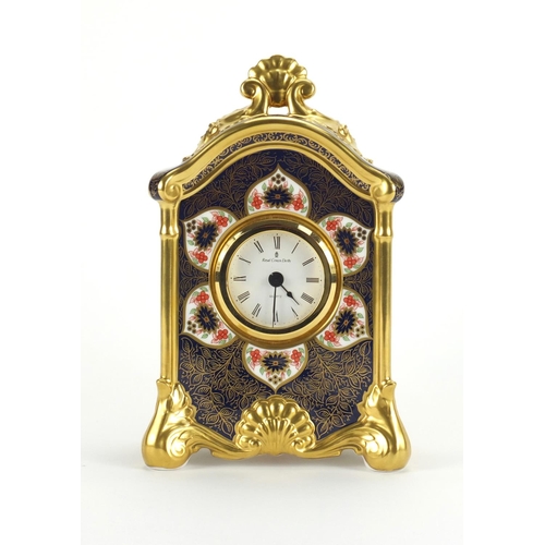 2132 - Royal Crown Derby old Imari pattern mantle clock with gold block design and quartz movement, factory... 