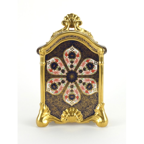 2132 - Royal Crown Derby old Imari pattern mantle clock with gold block design and quartz movement, factory... 